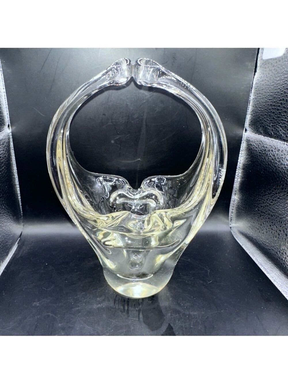 Vintage Murano Art Glass Basket Split Handled Hand Blown Clear Glass Ashtray